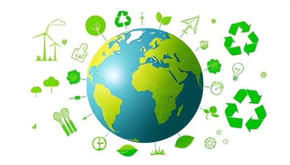 An artistic representation of a green world globe surrounded by renewable energy symbols, recycling icons, and nature elements, symbolizing sustainability and environmental consciousness.