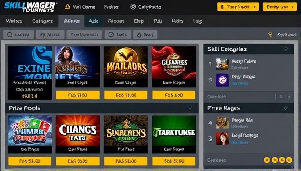 An online gaming interface displaying a skill-based tournament lobby with different game categories, entry fees, and prize pools, showcasing the competitive and engaging nature of SkillWager Tourneys.