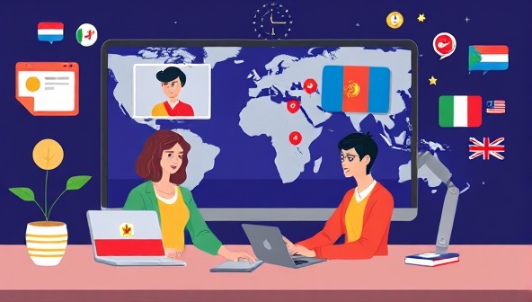 An illustrative depiction of a virtual language exchange session, showing users from different countries engaging in conversation via video call, with language learning resources and cultural symbols in the background, symbolizing global connections and language diversity.
