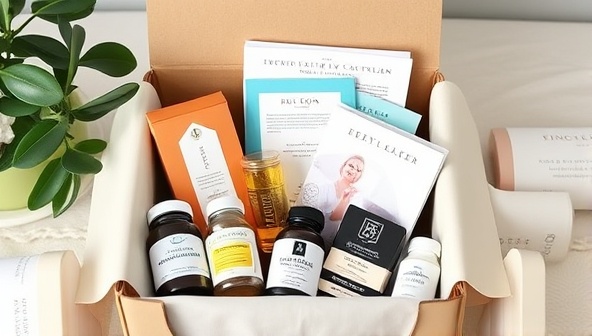 An elegant and sophisticated wellness subscription box filled with curated items like vitamins, relaxation aids, and informational pamphlets, designed with a focus on senior health and well-being.