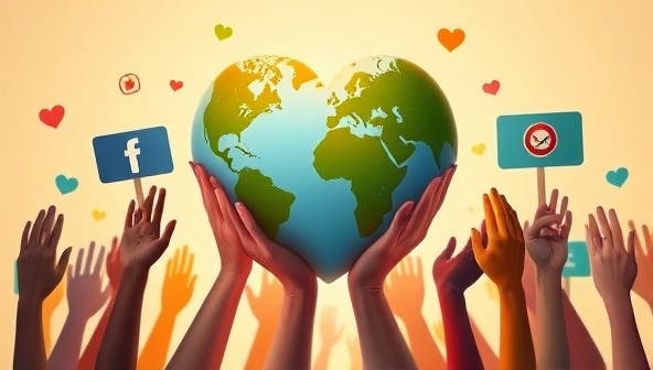 An emotionally resonant visual featuring a heart-shaped globe surrounded by diverse hands holding up symbols of social causes, conveying the essence of Causefluence's mission to unite brands and causes for a better world.