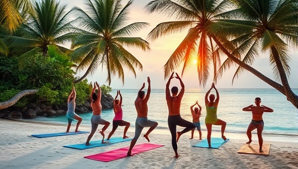 A picturesque tropical setting with a group of diverse individuals engaging in a yoga session on the beach at sunrise, surrounded by lush palm trees and crystal-clear waters, conveying a sense of relaxation, adventure, and wellness in a dreamy location.