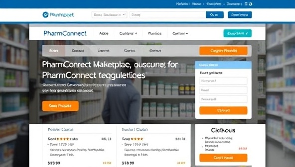 An engaging visual of the PharmConnect Marketplace homepage featuring a user-friendly interface with medication categories, customer reviews, and secure checkout options, conveying trustworthiness and convenience in online pharmaceutical shopping.