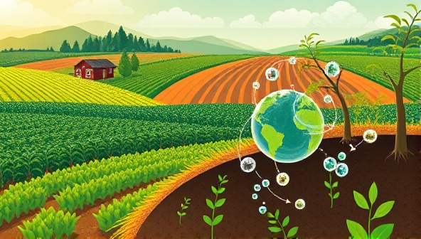 A vibrant illustration showcasing a lush farm landscape with diverse crops, healthy soil, and an overlay of swirling carbon molecules being captured and stored, representing the environmental impact and sustainability focus of EcoHarvest Carbon in carbon sequestration farming.