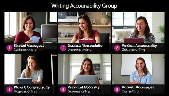 A virtual writing accountability group session with writers connecting online, sharing progress updates, and providing feedback to each other, creating a supportive and collaborative environment for achieving writing goals.