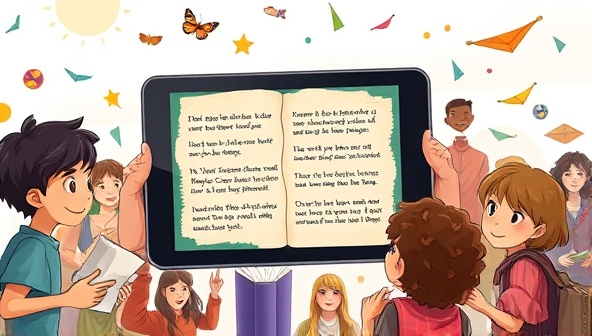 An artistic illustration depicting a digital tablet displaying a captivating interactive story scene with multiple decision points, surrounded by a diverse group of engaged readers of all ages, sparking creativity and imagination.