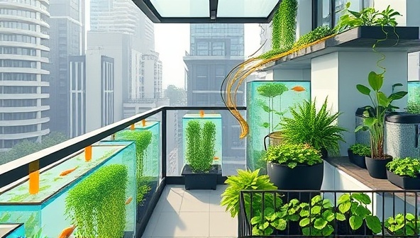 An artistic rendering of a modern urban balcony transformed into a lush aquaponics micro-farm, showcasing the harmony between fish tanks and green plant beds, illustrating sustainable urban food production in a stylish setting.