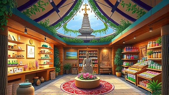 A colorful and serene digital marketplace scene showcasing various alternative therapy providers, wellness products, and virtual events, surrounded by symbols of nature and balance, creating a harmonious and inviting wellness space.