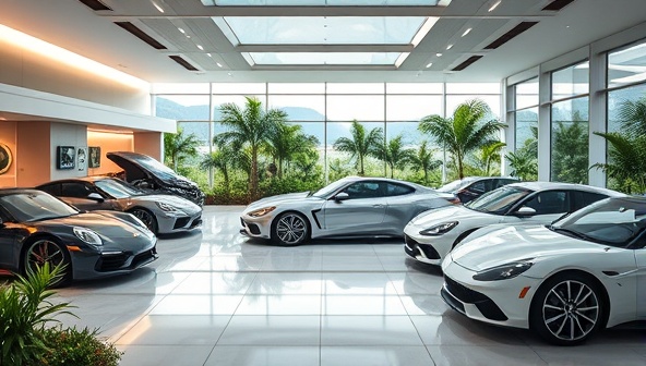 A luxury car wellness retreat setting with upscale facilities, serene car spa areas, and a lineup of high-end cars undergoing pampering treatments, surrounded by lush greenery and tranquil ambiance, evoking a sense of indulgence and relaxation for both cars and owners.