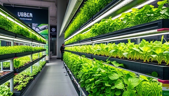 An urban landscape featuring a modern indoor vertical farm with rows of vibrant green plants growing in stacked shelves under specialized LED lighting, showcasing the futuristic and sustainable approach to urban agriculture.
