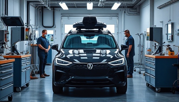 An autonomous vehicle being serviced by specialized technicians at the AutoPilot Hub, surrounded by advanced diagnostic equipment and high-tech tools, highlighting the cutting-edge services offered for self-driving cars.