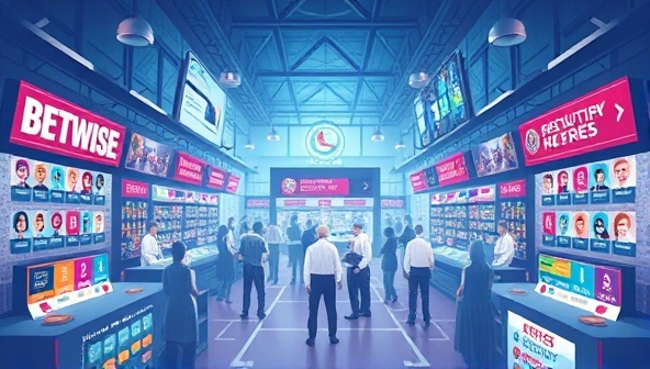 A digital illustration of a virtual marketplace filled with betting tips, predictions, and user profiles, symbolizing the dynamic and interactive community of BetWise Community where users can share and access valuable insights for their betting activities.