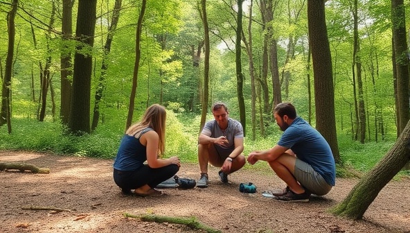 An image of a group of remote workers engaged in a team-building activity in a lush forest clearing, surrounded by trees and nature elements, capturing the essence of WildWork Escapes' remote work retreats in natural settings.