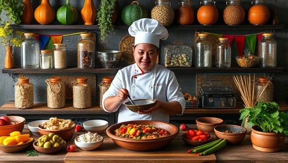 An online cooking class setup with a chef demonstrating the preparation of a traditional dish from a specific country, surrounded by colorful spices, ingredients, and cultural decorations, creating an immersive and educational experience for participants.