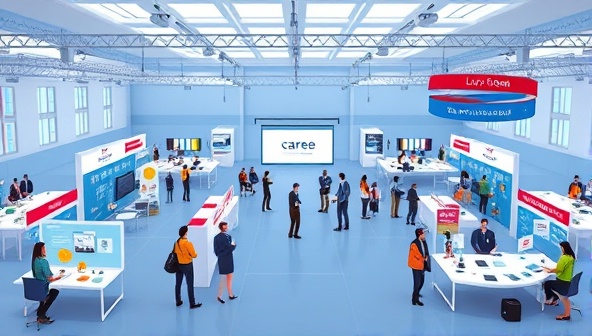 An animated graphic showcasing a virtual career fair environment with booths, networking lounges, and live chat rooms, illustrating the dynamic and interactive nature of the platform.