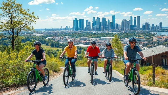 A diverse group of riders enjoying electric bike rides through scenic urban landscapes and nature trails, with a backdrop of greenery and city skylines, highlighting the freedom and eco-friendly benefits of the EcoCycle Subscription service for adventurous riders and city commuters alike.