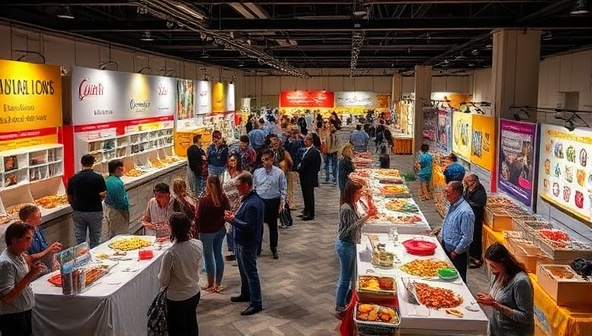 A dynamic event space filled with colorful food stations, interactive tasting stations, and engaging activities, with participants sampling diverse cuisines and sharing their sensory experiences, capturing the essence of the interactive food tasting events.