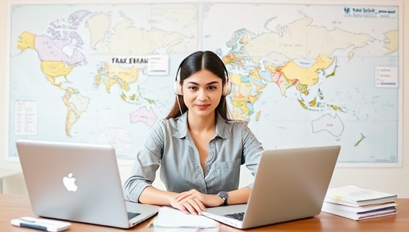 An image of a virtual assistant surrounded by travel maps, booking confirmations, and a laptop, showcasing the seamless coordination and efficient planning provided by TravelEase Assist to its clients.