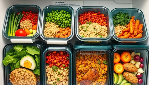 An inviting and wholesome image of a beautifully arranged selection of colorful plant-based meal prep containers filled with vibrant vegetables, grains, and protein-rich dishes, neatly stacked in a refrigerator or displayed on a kitchen counter, reflecting the convenience and health benefits of GreenPlate Preps' plant-based meal service.