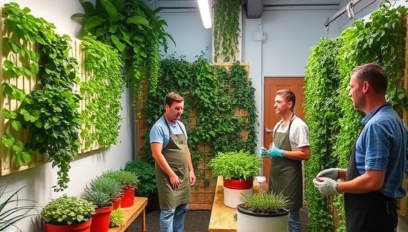 An artistic workshop setting with vibrant green walls adorned with cascading plants, participants wearing gardening gloves and aprons while tending to their vertical garden setups, and an expert instructor demonstrating vertical farming techniques, creating a harmonious blend of education and hands-on experience.