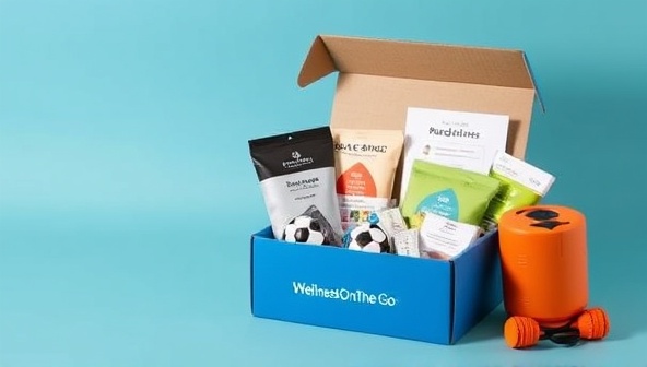 An appealing image of a WellnessOnTheGo subscription box filled with relaxation tools, mindfulness resources, healthy snacks, and portable fitness gear designed for busy professionals, conveying a message of holistic wellness support for individuals striving for work-life balance.