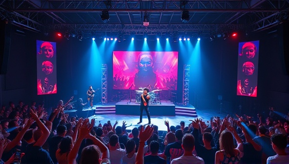 A virtual reality concert setting with a stage, crowd, and lighting effects, showcasing a live performance by a virtual artist with virtual attendees dancing and enjoying the immersive music experience, capturing the energy and excitement of virtual reality concerts.