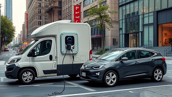 A mobile charging vehicle parked next to an electric car on a bustling city street, with a futuristic charging station extending from the vehicle to the car, symbolizing convenience and energy efficiency.