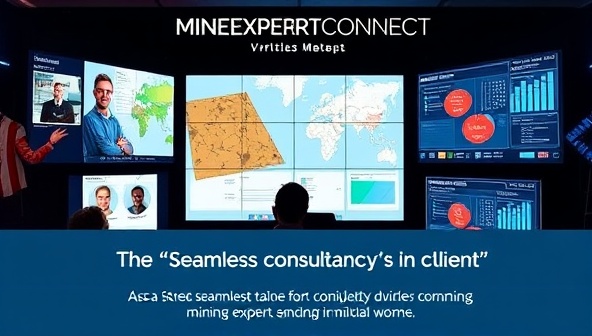 An engaging visual representation showcasing a virtual meeting between a mining expert and a client, with digital screens displaying geological data, project plans, and interactive discussions, symbolizing the seamless consultancy services offered by MineExpertConnect.