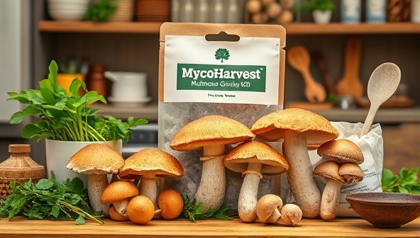 An inviting kitchen setup featuring a MycoHarvest mushroom growing kit in action, showcasing a variety of gourmet mushrooms sprouting from the substrate bags, surrounded by fresh herbs and cooking utensils, evoking a sense of culinary delight and homegrown goodness.