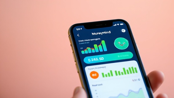 An illustration of a smartphone screen displaying the MoneyMind AI app interface, with colorful graphs showing financial insights and a friendly AI character providing tips, symbolizing smart financial management on the go.