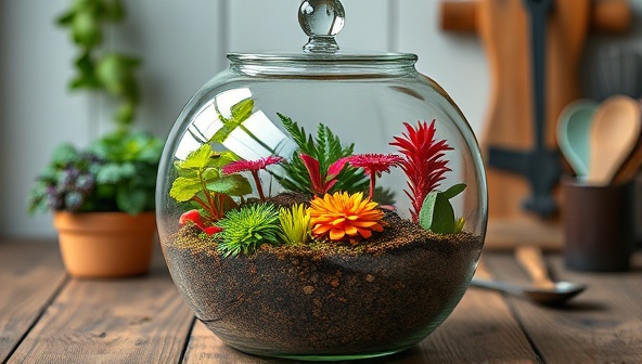 An aesthetically pleasing terrarium filled with colorful edible plants, positioned on a rustic wooden table with kitchen utensils nearby, evoking a sense of freshness and creativity.