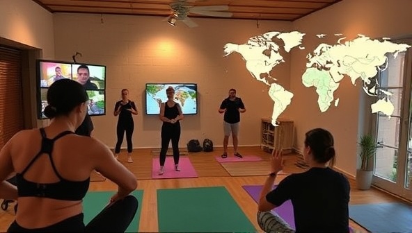 A virtual fitness studio setting with trainers leading a workout class, participants joining from different locations, and a digital world map showcasing upcoming retreat destinations, capturing the active and inclusive spirit of FitVenture Retreats.