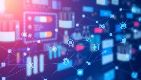 A digital representation of the PharmaChain Trace platform interface, displaying a blockchain network with interconnected nodes tracking pharmaceutical products in real-time, emphasizing transparency and security in the drug supply chain.