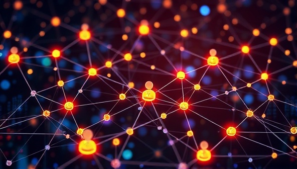 An artistic representation of blockchain technology interconnecting individuals in a lending network, symbolizing trust, security, and decentralization in financial transactions.