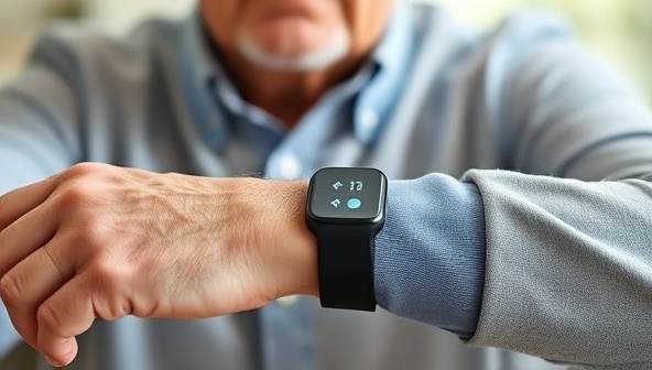 An elderly individual wearing the SilverFit Tech wearable device while engaging in light physical activity or monitoring their health metrics, with a seamless and user-friendly interface displayed on the device screen, highlighting the device's functionality and user benefits for seniors.