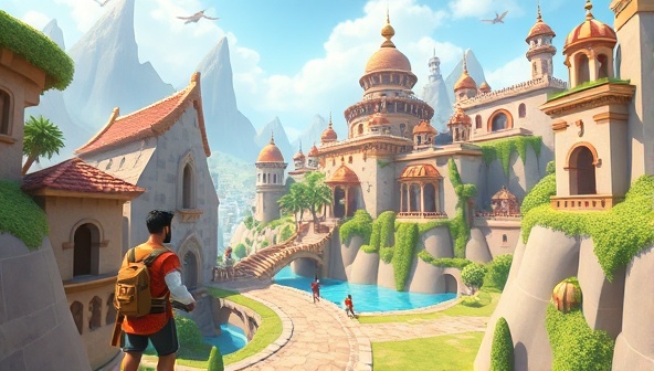 An animated scene of a player navigating through a virtual world filled with language puzzles and cultural landmarks, interacting with characters who speak the target language and engaging in language learning activities, highlighting the immersive and educational experience offered by LingoQuest.
