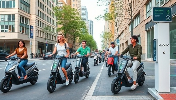 A vibrant city street scene featuring electric scooters zipping by, with happy commuters easily swapping batteries at designated stations, portraying the convenience and eco-friendliness of ScootEase Subscription.