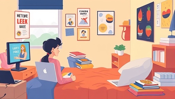 An illustration of a student in a dorm room participating in a virtual fitness coaching session, following an exercise routine guided by a fitness coach on a laptop screen, with motivational posters and healthy snacks in the background, showcasing a blend of fitness and student lifestyle.