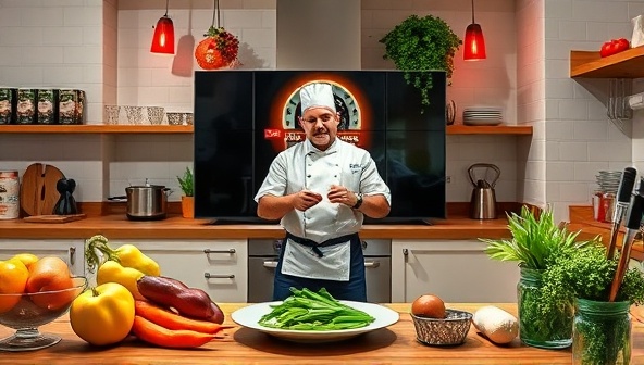 A vibrant virtual kitchen setting with a chef demonstrating a cooking technique on a live stream, surrounded by fresh ingredients and cooking utensils, creating an immersive and engaging learning environment.