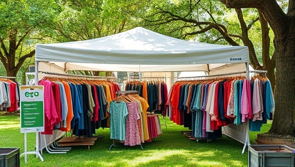 An outdoor pop-up thrift store set up in a park, with racks of colorful clothing under a canopy, surrounded by green trees and eco-friendly signage, creating a vibrant and sustainable shopping experience.
