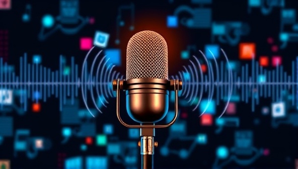 An artistic representation of a microphone surrounded by sound waves and digital graphics, symbolizing the creativity and audio production expertise of PodPerfect Studios in crafting unique podcasts.