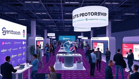 An immersive virtual event setting with interactive sponsorship booths and brand activations, showcasing sponsors' logos and promotional materials, with attendees engaging with the virtual experiences and networking opportunities, symbolizing the innovative and engaging nature of EventBoost's virtual event sponsorship marketplace.