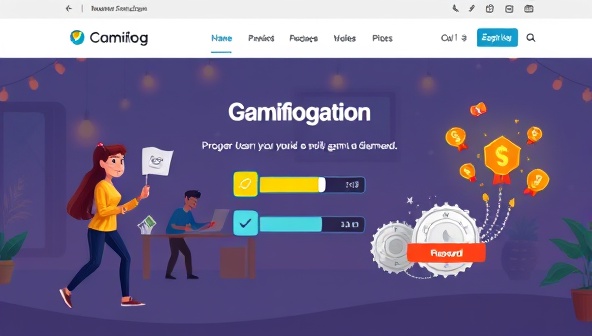 An interactive website mockup featuring a gamified homepage with animated characters, progress bars, and rewards popping up, creating a dynamic and engaging online experience for users, showcasing the gamification elements.