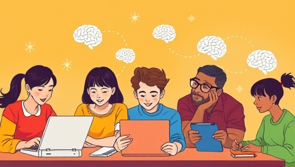 An illustration of a diverse group of students engaged in interactive online learning activities, with AI algorithms symbolized by glowing brain icons enhancing each student's experience based on their unique preferences.