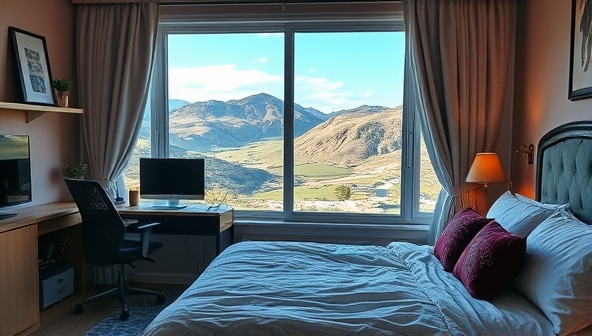An inviting image of a cozy remote work accommodation with a modern workspace setup, a comfortable bed, and a view of a picturesque landscape outside the window, illustrating the ideal work and leisure balance provided by NomadNest Stays.
