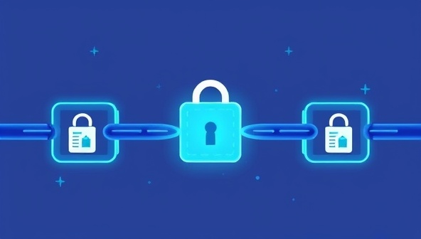 An innovative visual representation of interconnected blockchain blocks forming a secure chain, with property title documents and transaction records digitally encrypted within each block, symbolizing the trust and security provided by Title Chain Verify's blockchain-based verification platform.