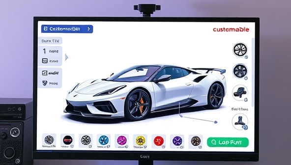 An interactive virtual car customization interface displayed on a computer screen, showing a sleek sports car model with customizable features like body kits, rims, and paint colors, highlighting creativity and personalization in car design.
