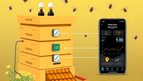An illustration of a smart beehive equipped with sensors and connected to a mobile app, showing real-time hive temperature, humidity levels, and bee activity patterns, illustrating modern beekeeping technology and data-driven monitoring.