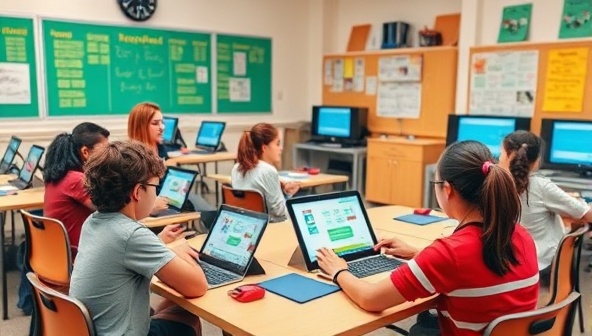 An inclusive classroom setting with students using adaptive learning software on tablets and computers, with teachers providing personalized guidance and support, creating a supportive and interactive learning environment for students with special education needs.