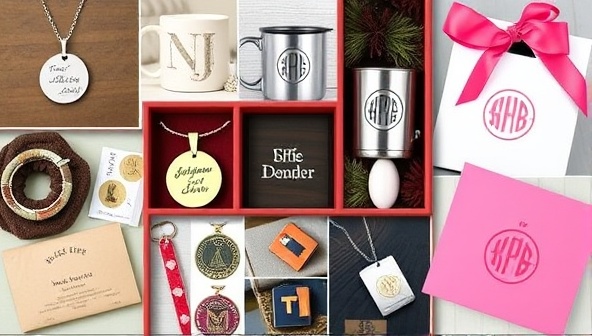 An artistic collage of various personalized gift items, such as engraved jewelry, custom mugs, and monogrammed accessories, arranged in a visually appealing and cohesive display.